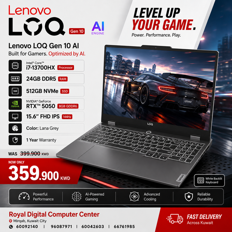 Laptop Laptop Lenovo LOQ Gen 10 AI |  Intel Core i7-13700HX Processor | Ram 24GB DDR5 |  Storage 512GB NVMe | NVIDIA RTX5050 8GB | Display 15.6FHD IPS  144Hz | Color Lana Grey | 1 Year Warranty