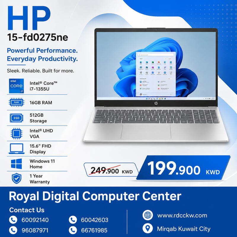Laptop HP 15-fd0275ne | Intel® Core™ i7-1355U | 16GB RAM | Storage 512GB | Intel UHD VGA | Display 15.6 FHD | Windows 11 Home | Color Silver | 1 Year Warranty