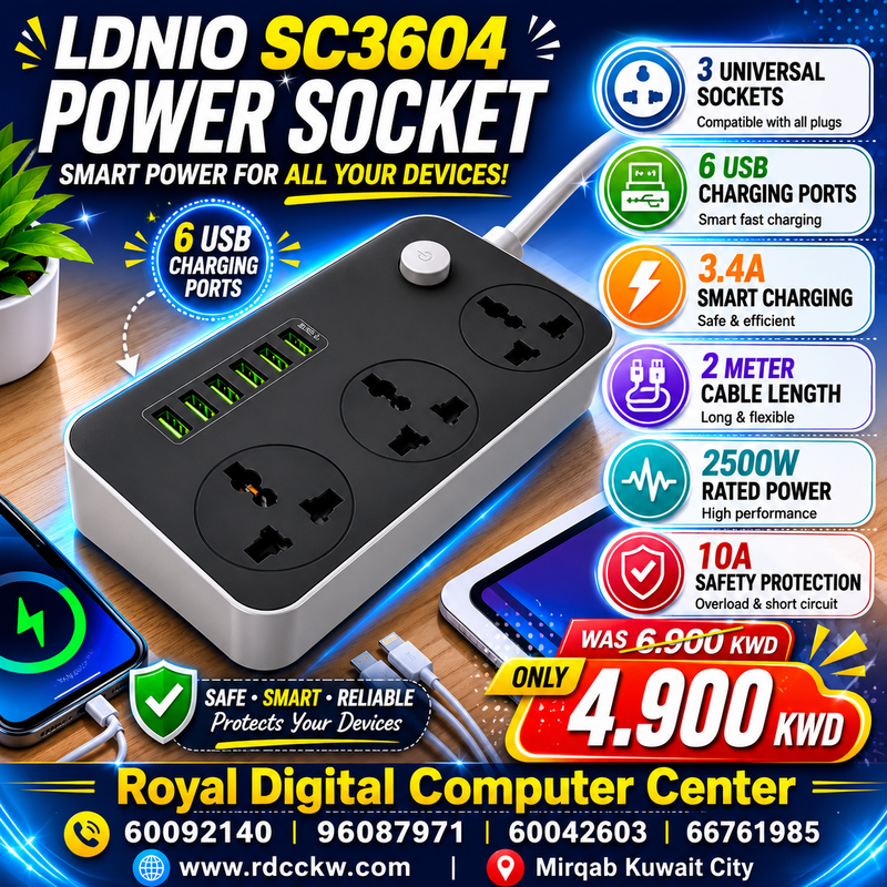 Power Socket LDNIO SC3604 | Smart 6 Usb Charging Ports 3.4A | 3 Universal International Socket |  2 Metre Cord Length || 2500W 10A Rated Power