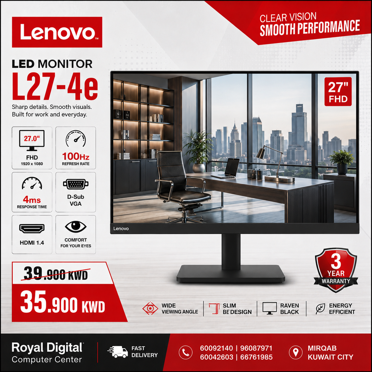 Lenovo L27-4e - 27.0" FHD | 4ms | 100Hz | D-Sub | HDMI 1.4 | Raven Black | 3Year Warranty