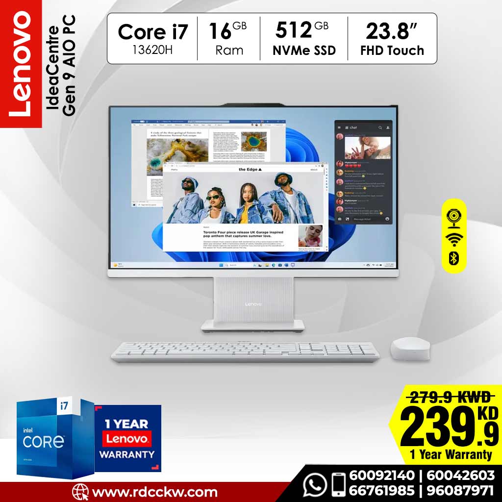 All In One PC | Lenovo Idea Centre Gen 9 AIO PC | Intel Core i7-13620H | 16 GB RAM DDR5 | 512 GB NVMe SSD | 23.8" FHD Touch | DOS | English Keyboard | Cloud Grey | 1 Year Warranty