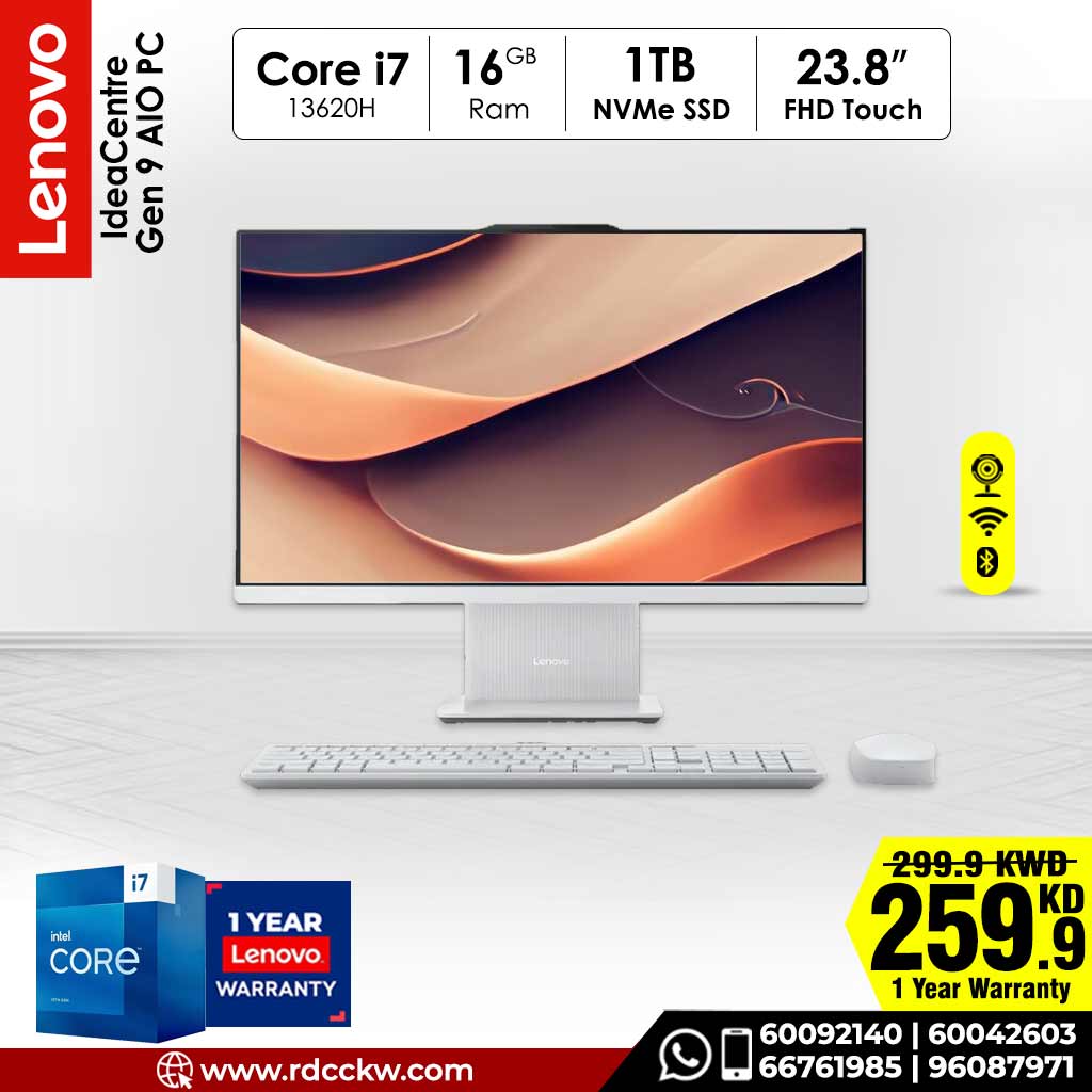 All In One PC | Lenovo Idea Centre Gen 9 AIO PC | Intel Core i7-13620H | 16 GB RAM DDR5 | 1TB NVMe SSD | 23.8" FHD Touch | DOS | English Keyboard | Cloud Grey | 1 Year Warranty