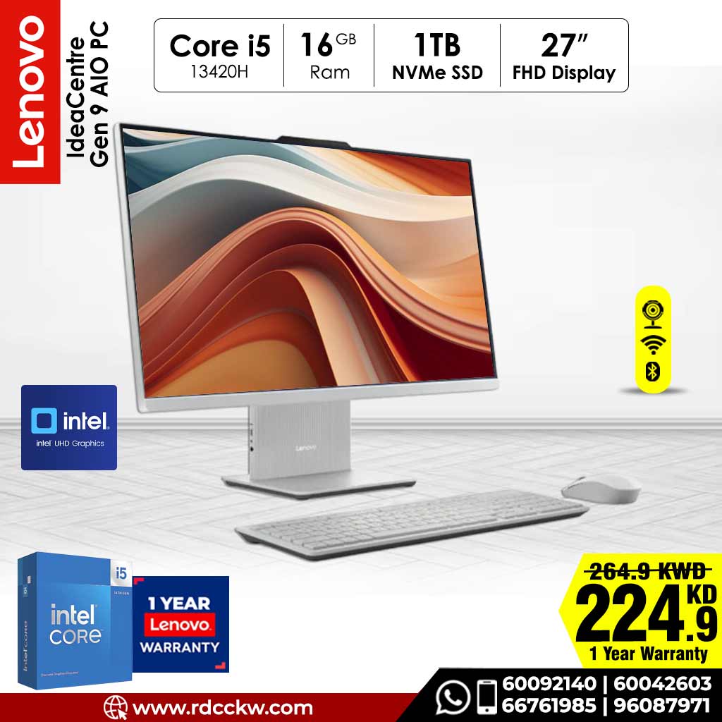 All In One PC | Lenovo Idea Centre  Gen 9 AIO PC | Intel Core i5-13420H | 16  DDR5 | 1TB NVMe SSD | 27" FHD Non-Touch | DOS | Arabic & English | Cloud Grey | 1 Year Warranty
