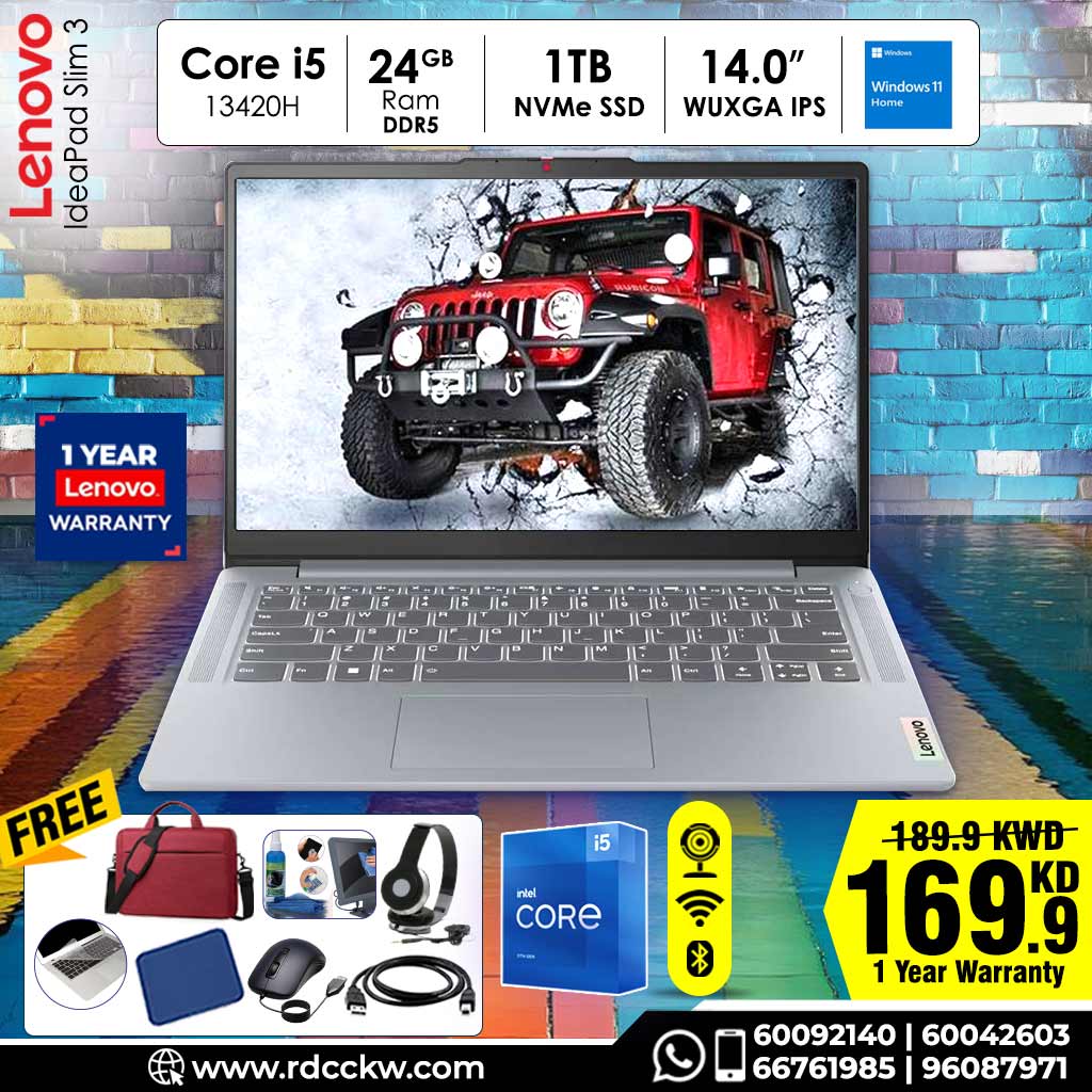لابتوب لينوفو آيديا باد سليم 3 | 14IRH10 | معالج إنتل كور i5-13420H | ذاكرة وصول عشوائي (RAM) سعة 24 جيجابايت | قرص صلب SSD NVMe سعة 1 تيرابايت | شاشة 14 بوصة بدقة WUXGA IPS | رسومات إنتل فائقة الوضوح | ويندوز 11 هوم | ضمان لمدة عام 