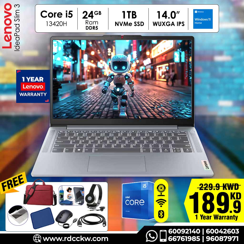 Lenovo IdeaPad Slim 3, Intel Core i5-13420H, 24GB, 1TB SSD, 14" WUXGA, W11, 1 Year Warranty