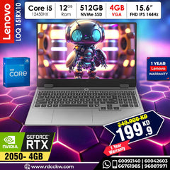 Gaming Laptop Lenovo LOQ 15IAX9 | Intel Core I5-12450HX Processor | Ram 12GB DDR5 | Storage 512GB NVMe  SSD | VGA NVIDIA GeForce RTX 2050 4GB GDDR6 |  Display 15.6″ Full HD (1920×1080) IPS, 144Hz |  Color  Luna Grey | 1 Year Waranty