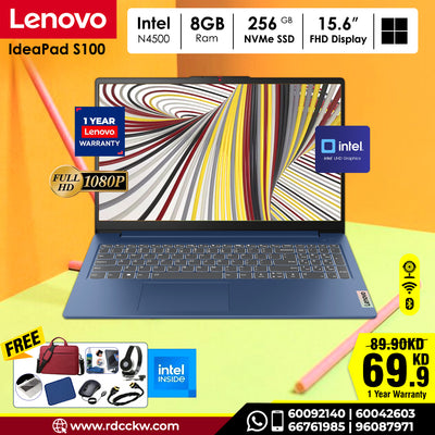 لابتوب لينوفو آيديا باد ١ | معالج إنتل سيليرون N4500 | ذاكرة وصول عشوائي (RAM) سعة ٨ جيجابايت DDR4 | سعة تخزين ٢٥٦ جيجابايت NVME SSD | شاشة ١٥.٦ بوصة عالية الوضوح بالكامل | لون أزرق داكن | نظام دوس - بدون ويندوز | ضمان لمدة عام 