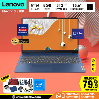 لابتوب لينوفو آيديا باد ١ | معالج إنتل سيليرون N4500 | ذاكرة وصول عشوائي (RAM) سعة ٨ جيجابايت DDR4 | سعة تخزين ٥١٢ جيجابايت NVME SSD | شاشة ١٥.٦ بوصة عالية الوضوح بالكامل | لون أزرق داكن | نظام دوس - بدون ويندوز | ضمان لمدة عام 