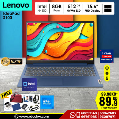 لابتوب لينوفو آيديا باد ١ | معالج إنتل سيليرون N4500 | ذاكرة وصول عشوائي (RAM) سعة ٨ جيجابايت DDR4 | سعة تخزين ٥١٢ جيجابايت NVME SSD | شاشة ١٥.٦ بوصة عالية الوضوح بالكامل | لون أزرق داكن | نظام دوس - بدون ويندوز | ضمان لمدة عام 