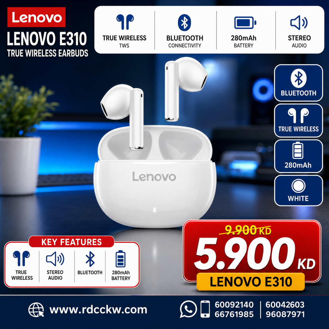 Lenovo E310 True Wireless Stereo Standalone Earbuds - Bluetooth | 280mAh | White