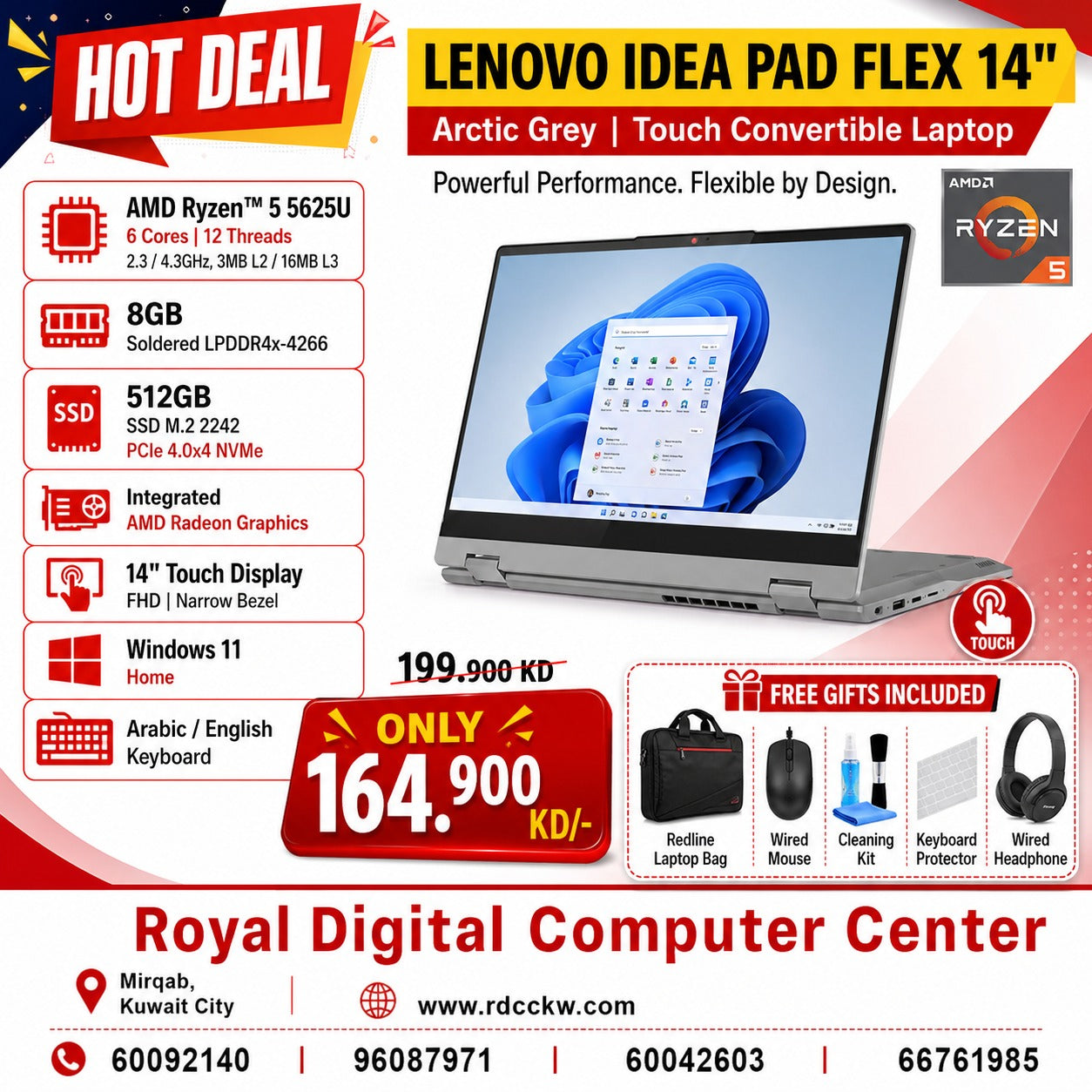 Laptop Lenovo IdeaPad Flex 5 Gen 8 | AMD Ryzen 5 | 8GB | 512GB (NVMe M.2 SSD) | 14.0" WUXGA Multi-Touch | Win 11 Home | 1 Year Warranty  | Arctic Grey