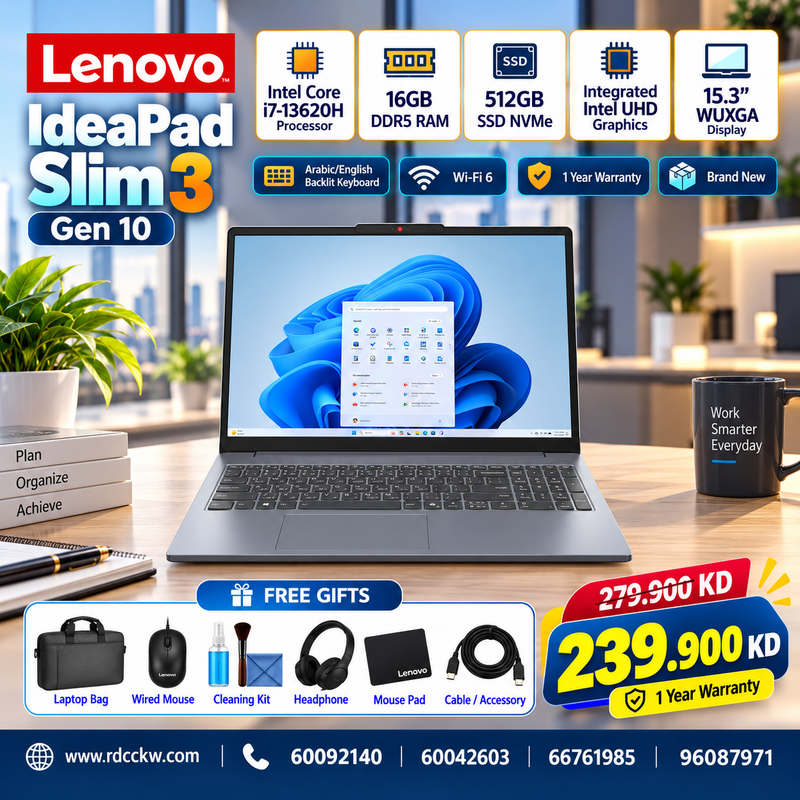 Laptop Lenovo IdeaPad Slim 3 Gen 10 | Intel Core i7-13620H | 16GB DDR5 Ram | Storage 512GB (NVMe M.2 SSD) | Display 15.3 WUXGA | 1 Year Warranty | Eng/Arb / Luna Grey -