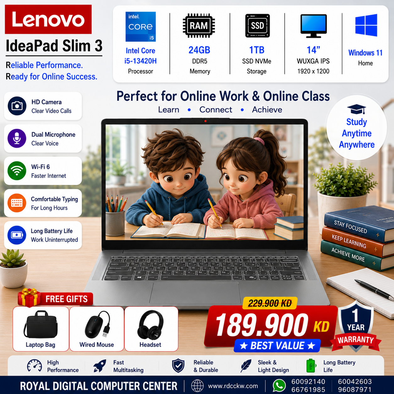لابتوب لينوفو آيديا باد سليم 3 | 14IRH10 | معالج إنتل كور i5-13420H | ذاكرة وصول عشوائي (RAM) سعة 24 جيجابايت | قرص صلب SSD NVMe سعة 1 تيرابايت | شاشة 14 بوصة بدقة WUXGA IPS | رسومات إنتل فائقة الوضوح | ويندوز 11 هوم | ضمان لمدة عام 
