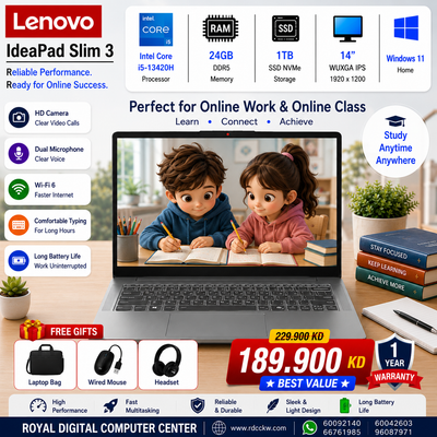 لابتوب لينوفو آيديا باد سليم 3 | 14IRH10 | معالج إنتل كور i5-13420H | ذاكرة وصول عشوائي (RAM) سعة 24 جيجابايت | قرص صلب SSD NVMe سعة 1 تيرابايت | شاشة 14 بوصة بدقة WUXGA IPS | رسومات إنتل فائقة الوضوح | ويندوز 11 هوم | ضمان لمدة عام 