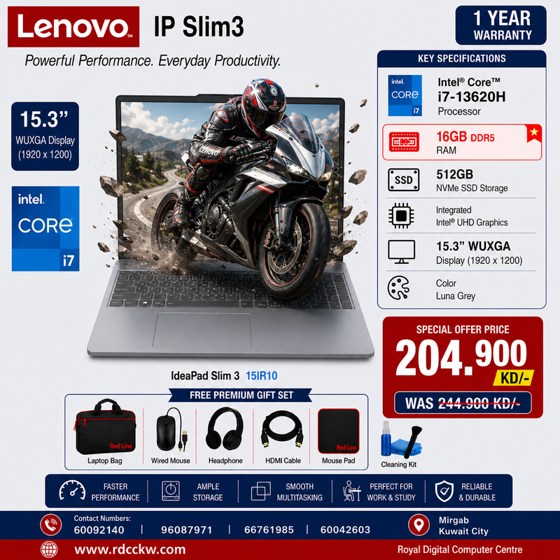 Laptop Lenovo IdeaPad Slim 3 Gen 10 | Intel Core I7-13620H Processor | Ram 16GB DD5 Ram | Storage 512GB SSD NVMe | Display 15.3