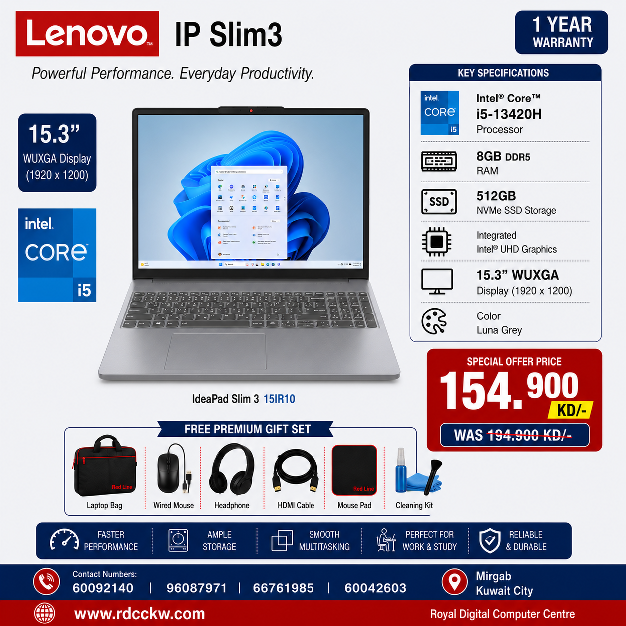 Laptop Lenovo IP Slim3 | Intel Core i5 13420H Processor | Ram 8GB DDR5 | Storage 512GB SSD NVme | Integrated Intel UHD Graphics | Display 15.6" inch FHD Display | Color Luna Grey | 1 Year Warranty