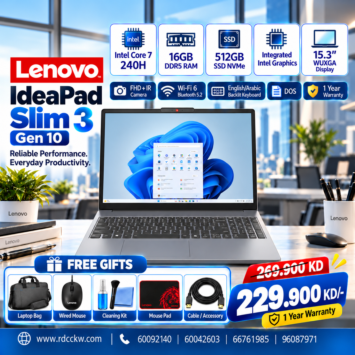 Lenovo IdeaPad Slim 3 Gen 10 | Intel Core 7 240H | Ram 16GB DDR5 | Storage 512 GB SSD | Display 15.3" WUXGA | 1 Year Warranty | Eng/Arb | Luna Grey