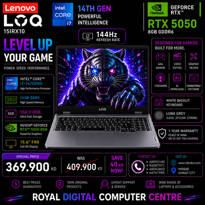 Gaming Laptop Lenovo Loq 15IRX10 | Intel Core i7-14700HX Processor | Ram 16GB DDR5 | Storage 512GB NVMe SSD | NVDIA RTX 5050 8GB VGA | Display 15.6" FHD IPS 144Hz | White Backlit Keyboard | Color Luna Grey | 1 Year Warranty