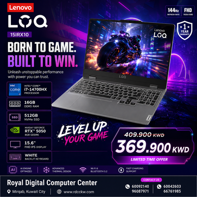 Gaming Laptop Lenovo Loq 15IRX10 | Intel Core i7-14700HX Processor | Ram 16GB DDR5 | Storage 512GB NVMe SSD | NVDIA RTX 5050 8GB VGA | Display 15.6" FHD IPS 144Hz | White Backlit Keyboard | Color Luna Grey | 1 Year Warranty