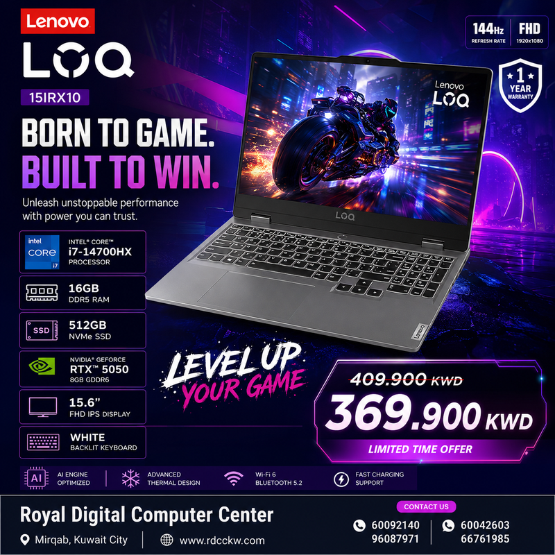 Gaming Laptop Lenovo Loq 15IRX10 | Intel Core i7-14700HX Processor | Ram 16GB DDR5 | Storage 512GB NVMe SSD | NVDIA RTX 5050 8GB VGA | Display 15.6