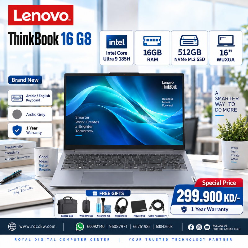 Lenovo ThinkBook 16 G8 | Intel Ultra 9 185H Processor  | Ram 16GB DDR5 | Storage 512GB NVMe M.2 SSD | 1 year Warranty | Arabic/English | Arctic Grey