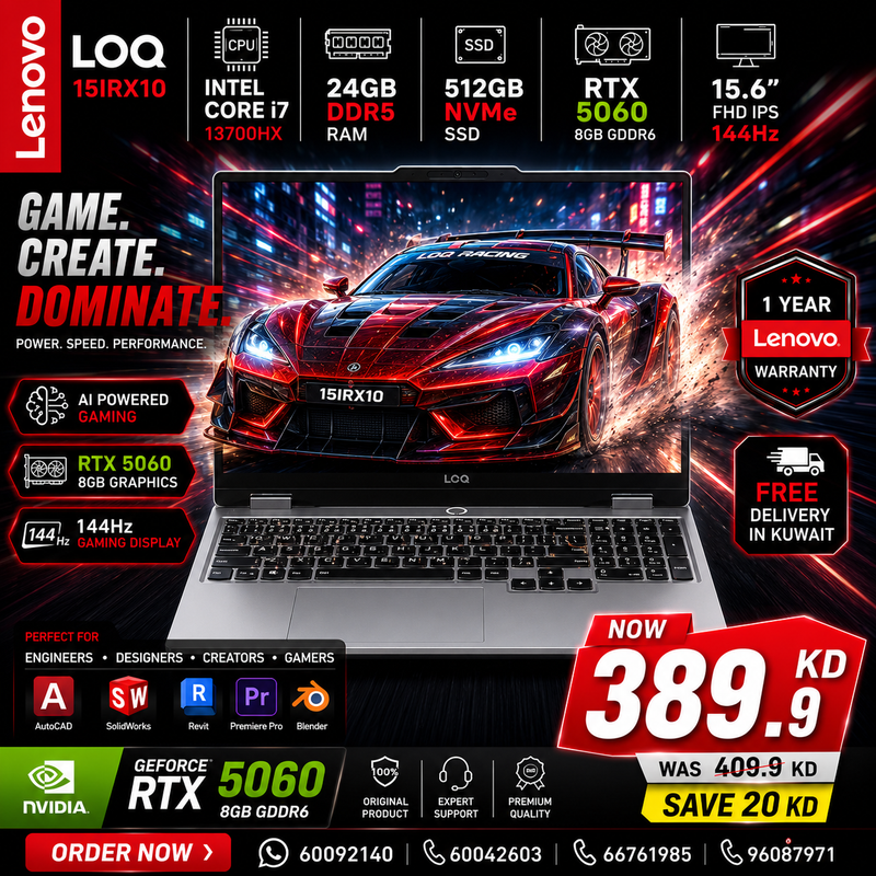 Gaming Laptop Lenovo LOQ 15IRX10 | Intel Core i7-13700HX Processor | Ram 24GB DDR5 | Storage 512GB SSD NVMe | NVIDIA RTX5060 8GB | Display 15.6FHD IPS 144Hz | Color Luna Grey | 1 Year Warranty