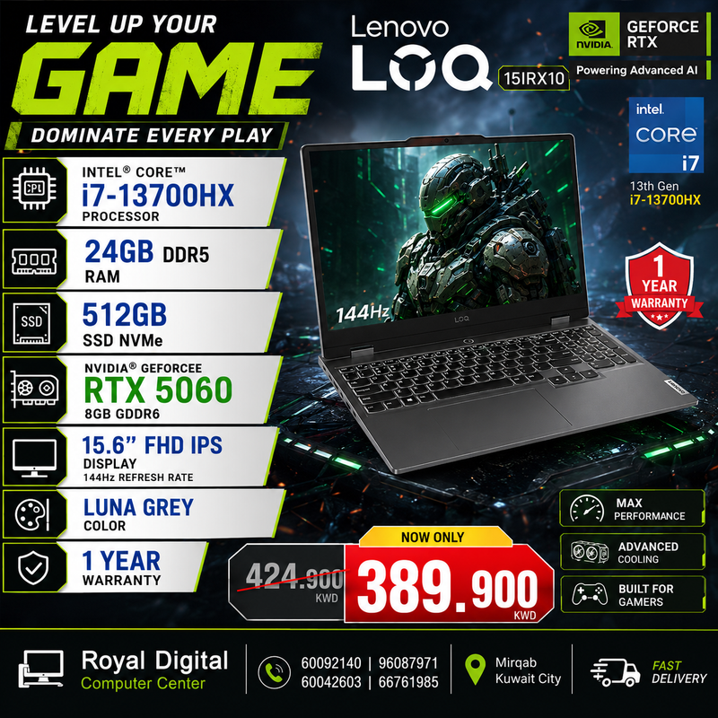 Gaming Laptop Lenovo LOQ 15IRX10 | Intel Core i7-13700HX Processor | Ram 24GB DDR5 | Storage 512GB SSD NVMe | NVIDIA RTX5060 8GB | Display 15.6FHD IPS 144Hz | Color Luna Grey | 1 Year Warranty