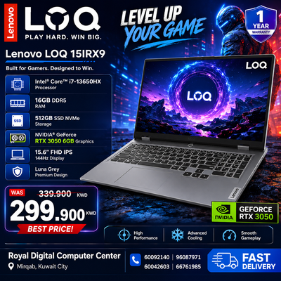 Gaming Laptop Lenovo Loq 15IRX9 | Intel Core i7-13650HX Processor | Ram 16GB DDR5 | Storage 512GB SSD NVMe |  NVIDIA GeForce RTX 3050 6GB | Display 5.6" FHD IPS 144Hz | Color Luna_Grey | 1 Year Warranty