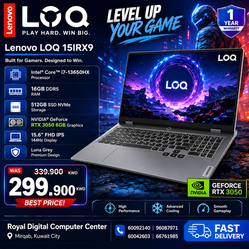 Gaming Laptop Lenovo Loq 15IRX9 | Intel Core i7-13650HX Processor | Ram 16GB DDR5 | Storage 512GB SSD NVMe |  NVIDIA GeForce RTX 3050 6GB | Display 5.6