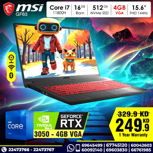 msi GF63 Core i7 16GB RAM 512GB NVMe SSD Nvidia RTX 4GB VGA 15.6 inch FHD