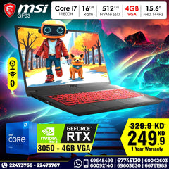 msi GF63 Core i7 16GB RAM 512GB NVMe SSD Nvidia RTX 4GB VGA 15.6 inch FHD