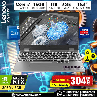 Gaming Laptop Lenovo Loq 15IRX9 | Intel Core i7-13650HX Processor | Ram 16GB DDR5 | Storage 1TB SSD NVMe | NVIDIA GeForce RTX 3050 6GB | Display 15.6" FHD IPS 144Hz | Color Luna_Grey | 1 Year Warranty