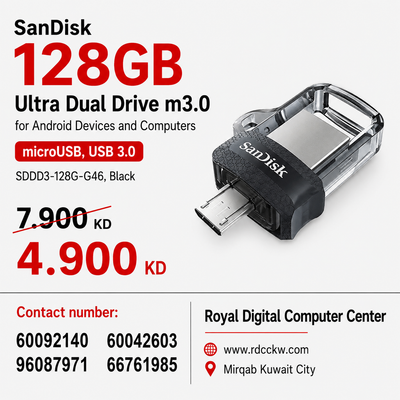 محرك أقراص SanDisk Ultra Dual Drive m3.0 سعة 128 جيجابايت لأجهزة Android وأجهزة الكمبيوتر - microUSB وUSB 3.0 - SDDD3-128G-G46، أسود 
