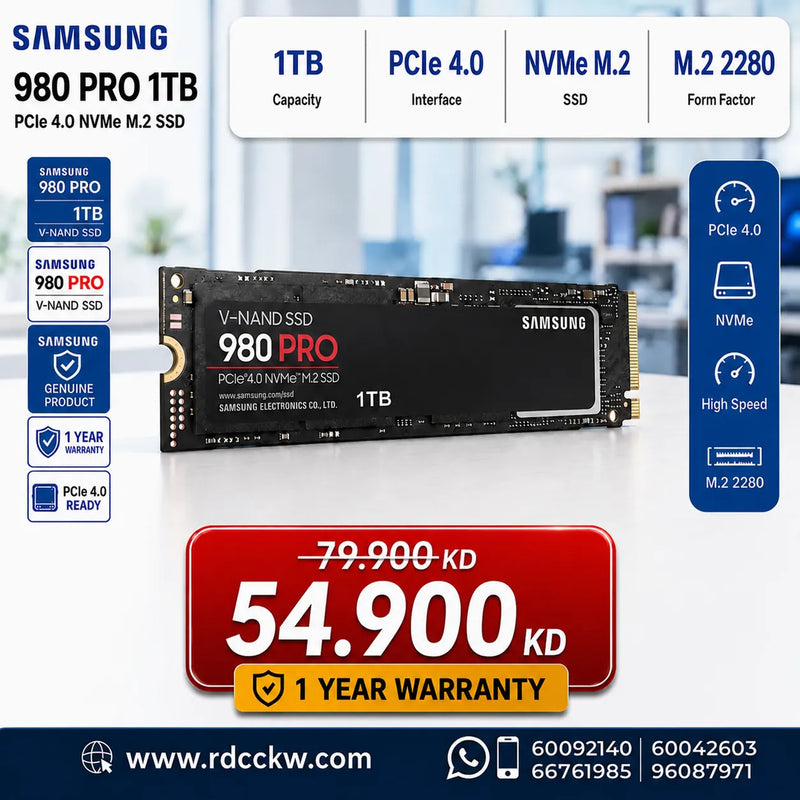 Samsung 980 PRO 1TB PCIe 4.0 NVMe™ M.2 2280 SSD – 7000MB/s Read  5100MB/s Write