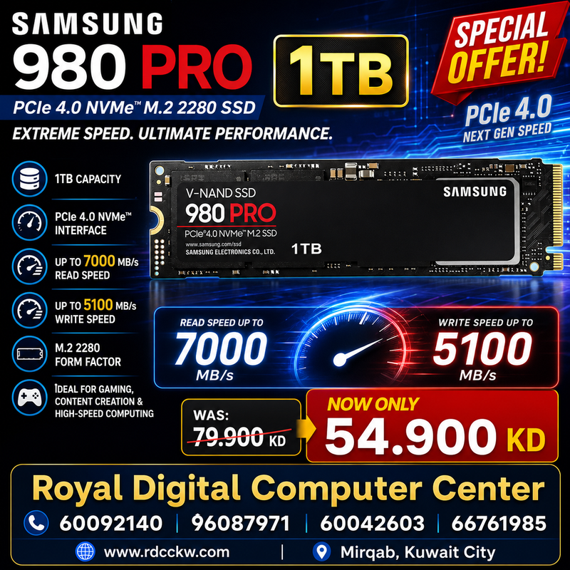 Samsung 980 PRO 1TB PCIe 4.0 NVMe™ M.2 2280 SSD – 7000MB/s Read  5100MB/s Write