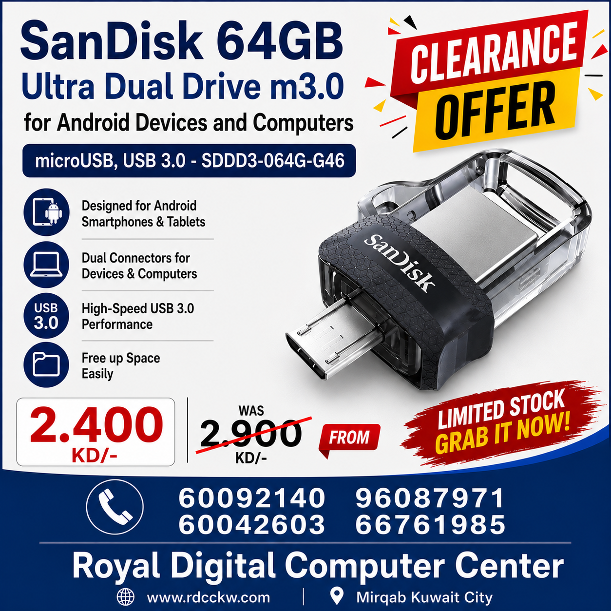محرك أقراص SanDisk Ultra Dual Drive m3.0 سعة 64 جيجابايت لأجهزة Android وأجهزة الكمبيوتر - microUSB وUSB 3.0 - SDDD3-064G-G46، أسود 