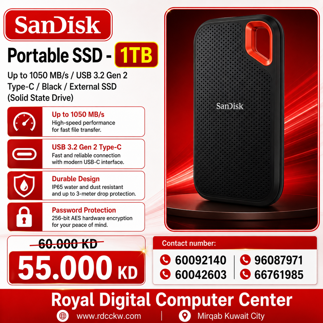 SanDisk Extreme Portable SSD - 1 تيرابايت / حتى 1050 ميجابايت/ثانية / USB 3.2 Gen 2 Type-C / أسود / SSD خارجي (محرك أقراص ذو حالة صلبة)