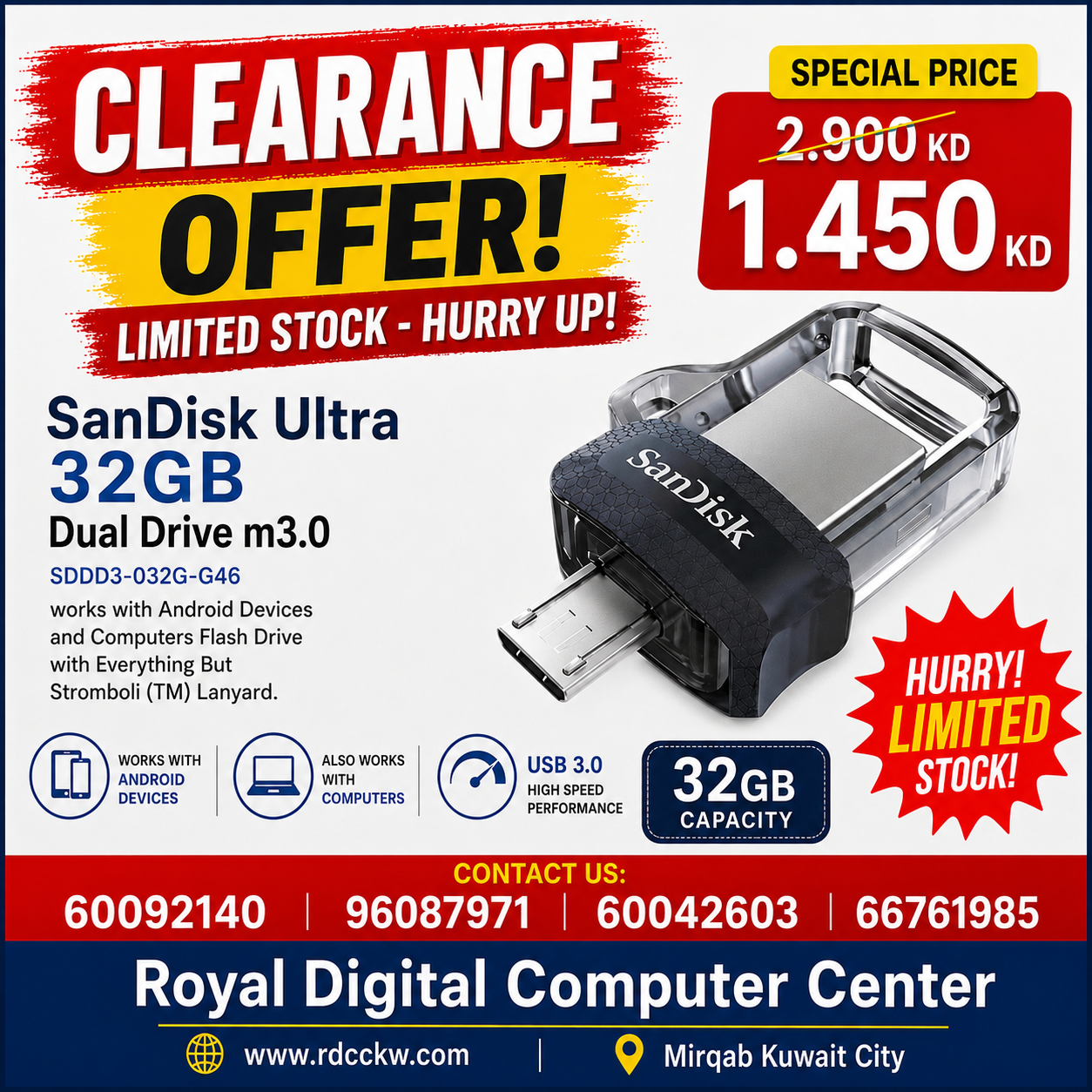 محرك أقراص فلاش SanDisk Ultra سعة 32 جيجابايت (حزمة مكونة من قطعتين) ثنائي m3.0 (SDDD3-032G-G46) يعمل مع أجهزة Android وأجهزة الكمبيوتر مع حبل Everything But Stromboli (TM) 