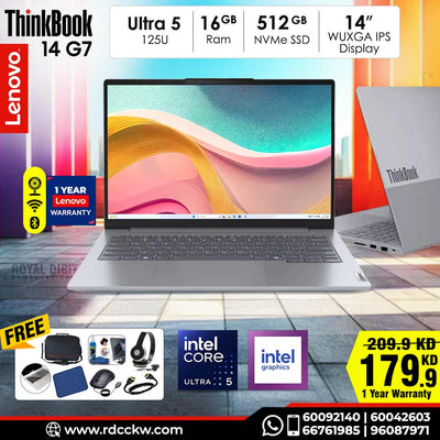 Laptop Lenovo ThinkBook 14 G7 AI PC | Intel Core Ultra5 125U Processor | 16GB RAM DDR5 | Storage 512GB NVMe SSD | Integrated Intel Graphics | 14.0" WUXGA (1920 x 1200), IPS | Color Artic Grey | Dos-No Windows | 1 Year Warranty