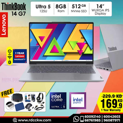 Laptop Lenovo ThinkBook 14 G7 AI PC | Intel Core Ultra5 125U Processor | 8GB RAM DDR5 | Storage 512GB NVMe SSD | Integrated Intel Graphics | 14.0" WUXGA (1920 x 1200), IPS | Color Artic Grey | Dos-No Windows | 1 Year Warranty
