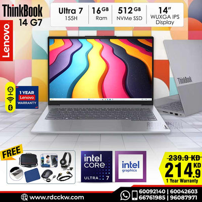 Laptop Lenovo ThinkBook 14 G7 AI PC | Intel Core Ultra 7 155H Processor | 16 GB RAM DDR5 | Storage 512GB NVMe SSD | Integrated Intel Arc Graphics | Display 14.0" WUXGA (1920 x 1200), IPS | Color Arctic Grey | Dos - Windows | 1 year warranty