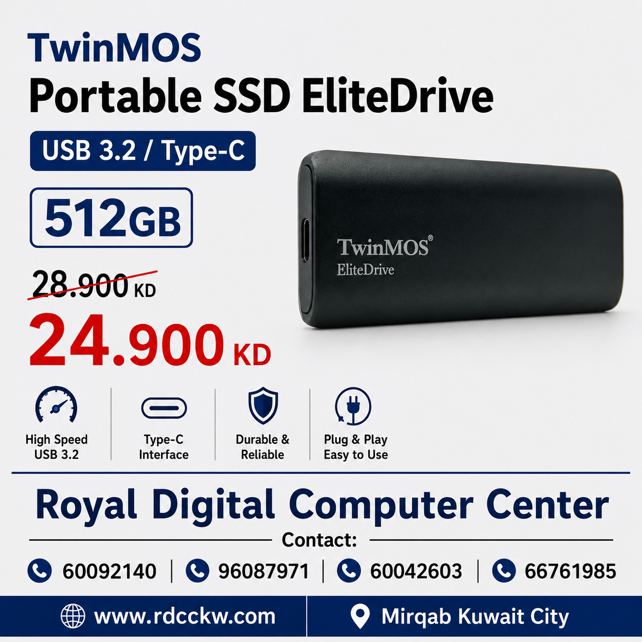 قرص SSD محمول TwinMOS EliteDrive بمنفذ USB 3.2/Type-C سعة 512 جيجابايت - أسود