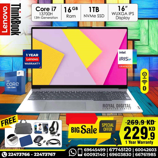 لينوفو ثينك بوك 16 الجيل السادس | معالج إنتل كور I7 13700H | ذاكرة وصول عشوائي DDR5 سعة 16 جيجابايت | قرص SSD NVMe سعة 1 تيرابايت | 16