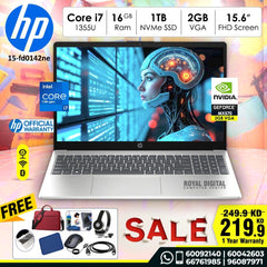Laptop HP 15-FD0142NE | Intel Core i7-1355u Processor | 16 GB RAM DDR4 | Storage 1TB NVME SSD| Dedicated VGA NVIDIA MX570 2 GB | Display 15.6 inches FHD | Color Natural Silver | DOS - No Windows | 1 Year Warranty