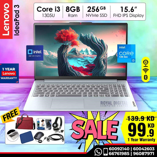 لينوفو ايديا باد سليم 3 معالج كور اي 3، رام 8 جيجابايت، قرص صلب NVMe SSD سعة 256 جيجابايت، شاشة عالية الدقة بالكامل مقاس 15.6 بوصة