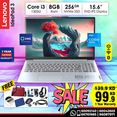 لينوفو ايديا باد سليم 3 معالج كور اي 3، رام 8 جيجابايت، قرص صلب NVMe SSD سعة 256 جيجابايت، شاشة عالية الدقة بالكامل مقاس 15.6 بوصة