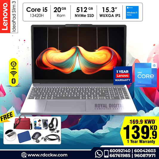 Laptop Lenovo IdeaPad Slim 3 | Intel Core i5 | 20GB RAM | 512GB SSD | W11 | 15.3" IPS | 1-Year Waraanty