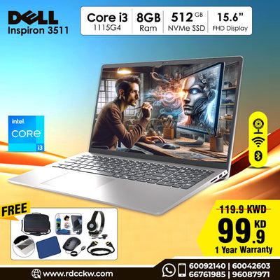 Laptop DELL Inspiron 3511 | Intel Core i3-1115G4 Processor | 8 GB RAM DDR4 | Storage 512 GB SSD | Intel UHD VGA | Display 15.6 Inches Full HD | Windows 11 Home | Color Silver | 1 Year Warranty