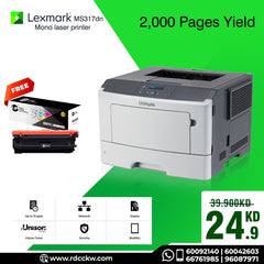 Printer Lexmark LaserJet MS317dn Mono (Black & Wight) | Printing Speed Up to 35 ppm | Network Print | Duplex | with UP toner 2000 Pages Yield