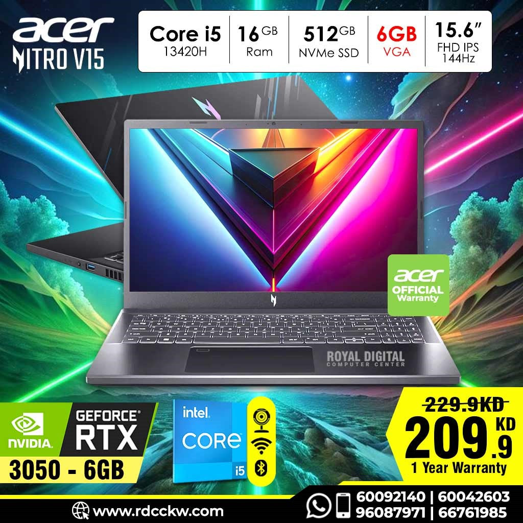 Laptop Acer Nitro V 15 | Intel Core i5-13420H | 16GB RAM | 512GB SSD | NVIDIA GeForce RTX 3050 6GB | 15.6" FHD IPS 144Hz | Obsidian Black | 1 Year Warranty